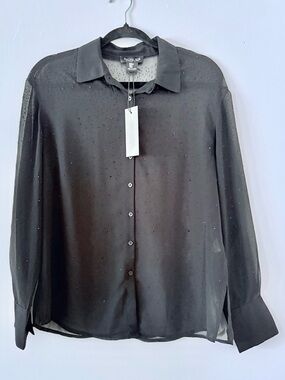 Rachel Zoe Black Sheer Button-Down Shirt with Subtle Embellishments SZ.M